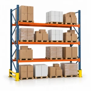 Rack à palettes industriel chargé de cartons avec protections de montants jaunes.