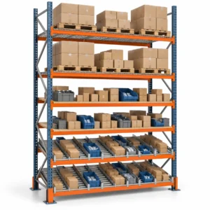 Rayonnage picking combiné avec niveaux dynamiques, cartons, bacs et palettes.