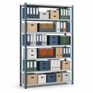 Rayonnage métallique pour archives avec classeurs, boîtes et dossiers suspendus.