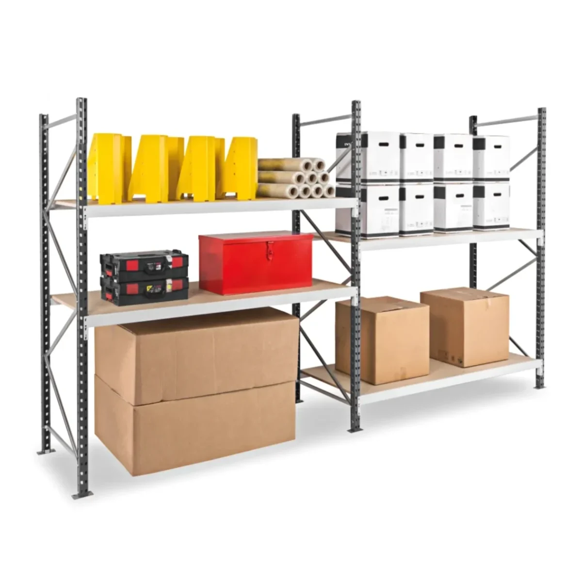 Rayonnage mi-lourd EPSIVOL ONE à 2 niveaux de stockage avec échelles galvanisées et platelages TANDT Company