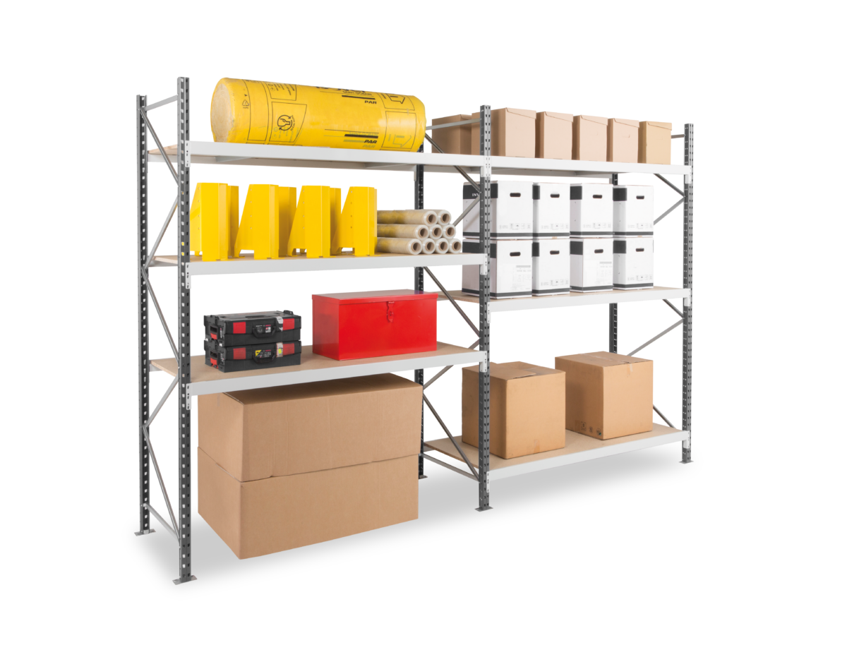 Rayonnage EPSIVOL à deux travées, équipé de niveaux portant cartons, bacs, coffres et un fût.