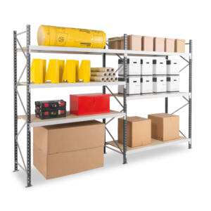Rayonnage EPSIVOL à deux travées, équipé de niveaux portant cartons, bacs, coffres et un fût.