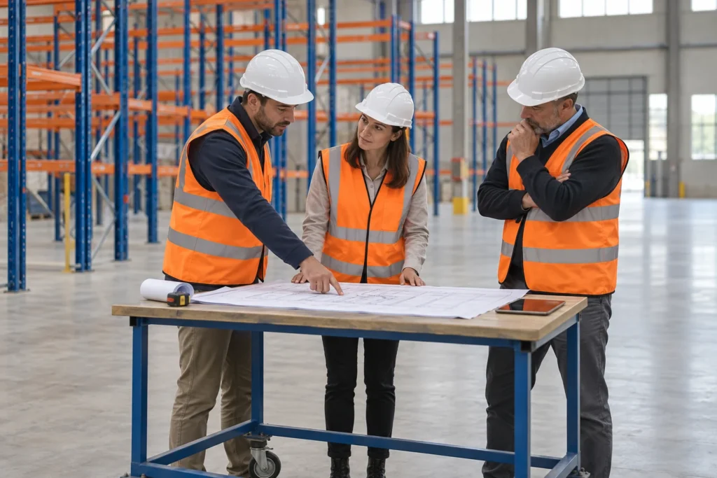 Trois professionnels examinent un plan sur une table dans un hall industriel.