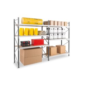 Rayonnage EPSIVOL utilisé pour stocker cartons, boîtes d’archives, caisses à outils et rouleaux, dans un décor neutre.