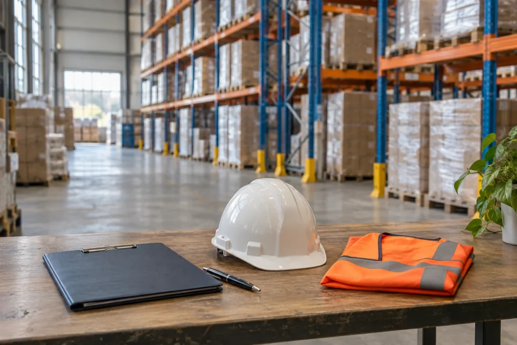 Casque blanc, gilet orange et porte-documents sur une table, avec des rayonnages en arrière-plan.