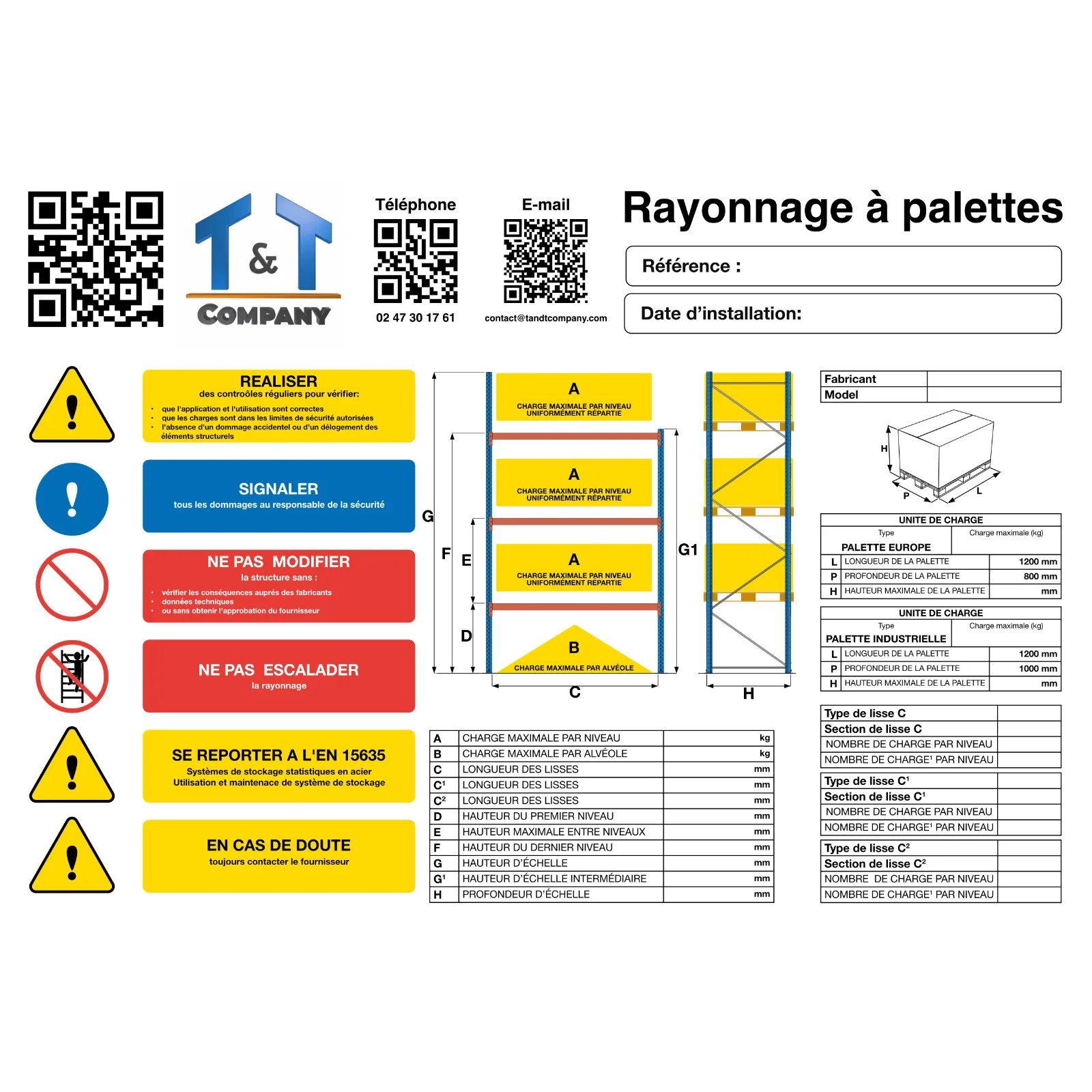 Categorie Plaques de charge pour rayonnages industriels TandT Company