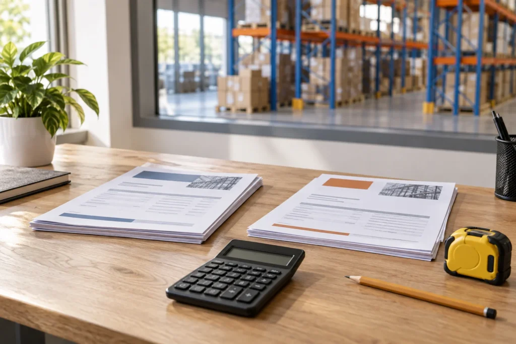 Deux dossiers, une calculatrice et un mètre ruban posés sur un bureau devant un entrepôt.