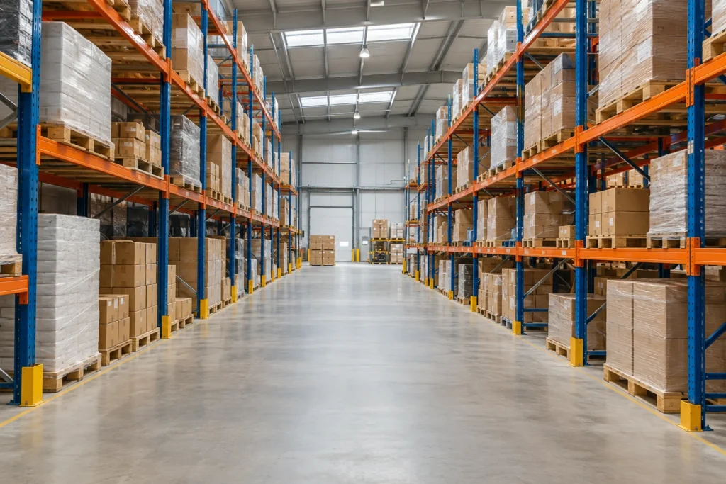 Allée centrale dégagée entre des rayonnages bleus et orange portant des palettes de cartons.