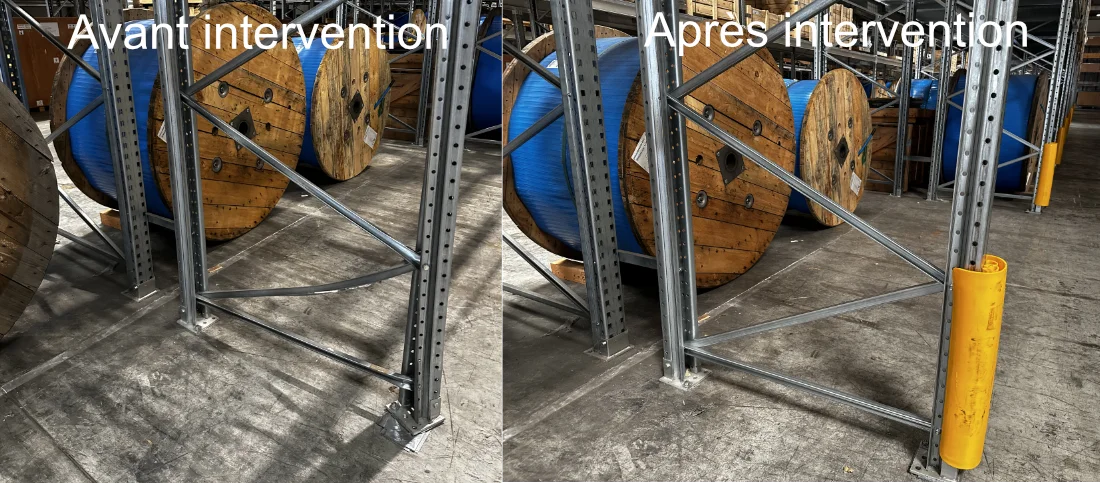 Deux vues du même rayonnage avec tourets : diagonale déformée à gauche, diagonale droite et protection jaune à droite.