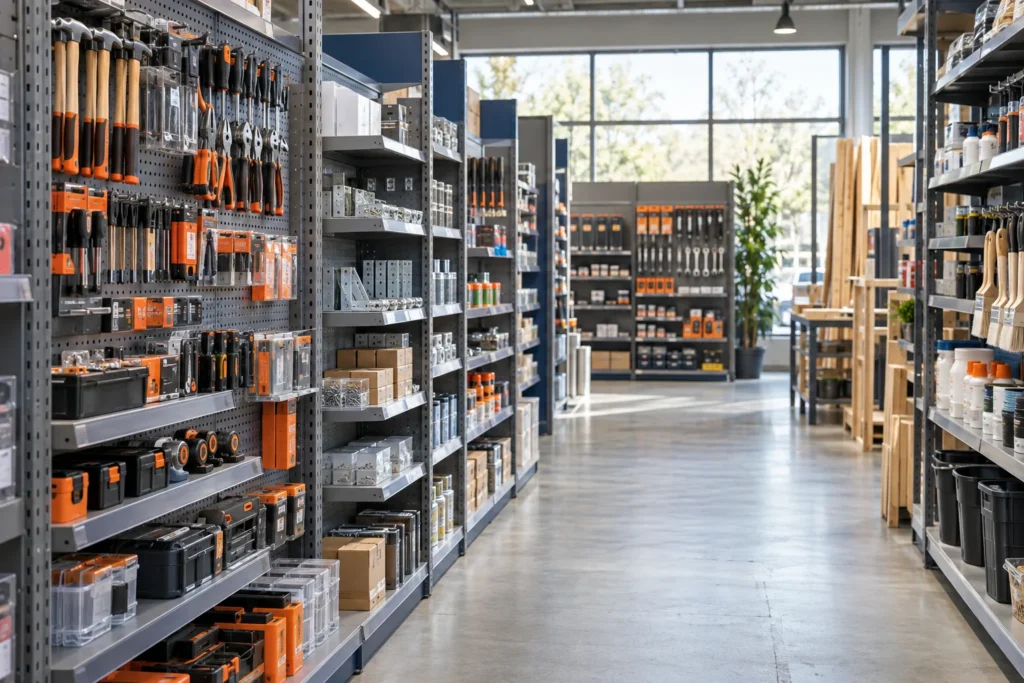 Allée de magasin de bricolage bordée de rayonnages métalliques, d’outils suspendus et de produits emballés.