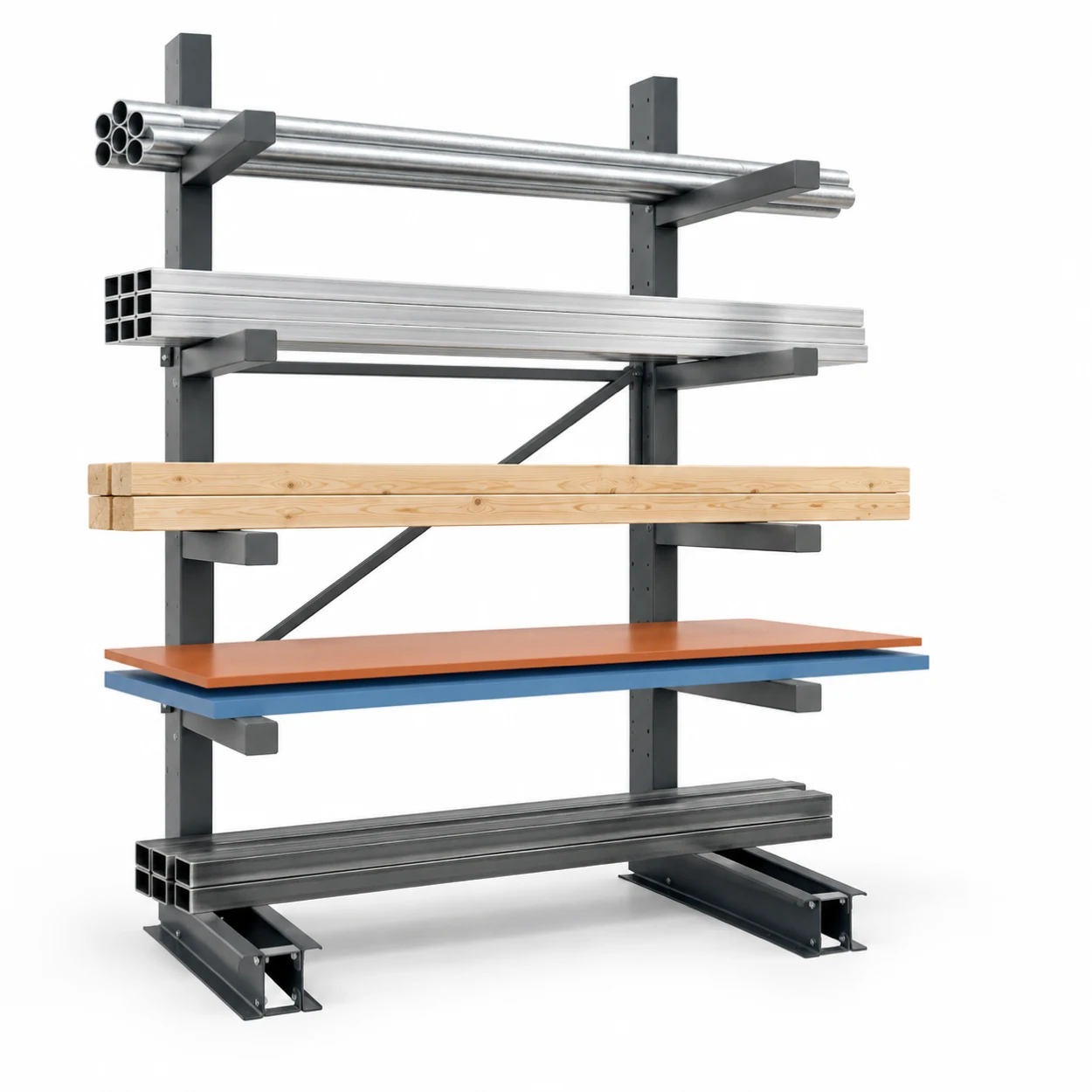Cantilever industriel avec tubes, profilés, bois et panneaux.