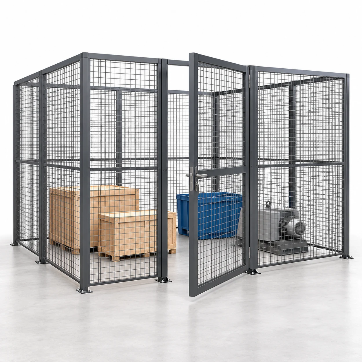 Cage industrielle grillagée avec porte battante et équipements sécurisés.