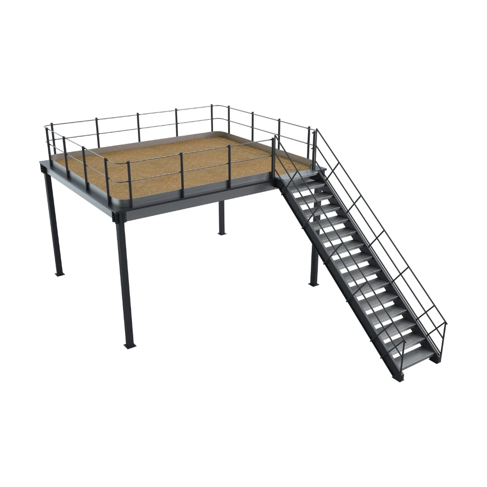 Plateforme métallique de stockage avec escalier et garde-corps.
