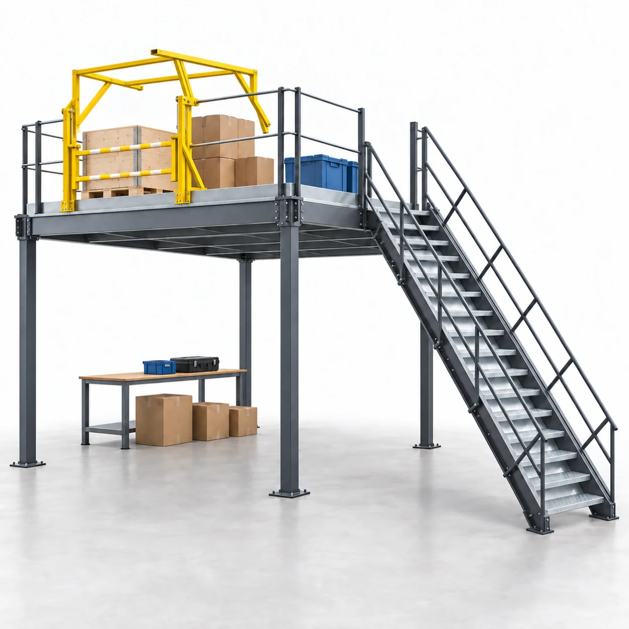 Plateforme industrielle avec escalier, garde-corps et barrière écluse jaune.