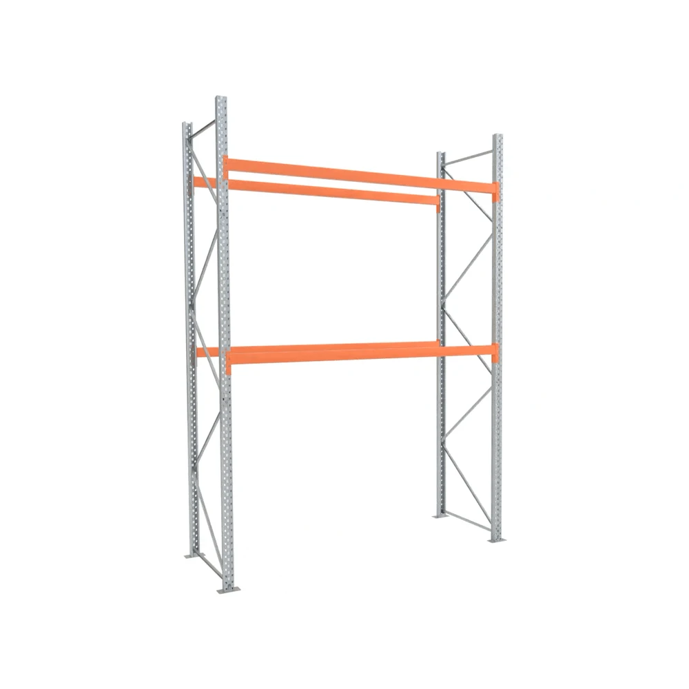 Rack à palettes métallique avec lisses orange.