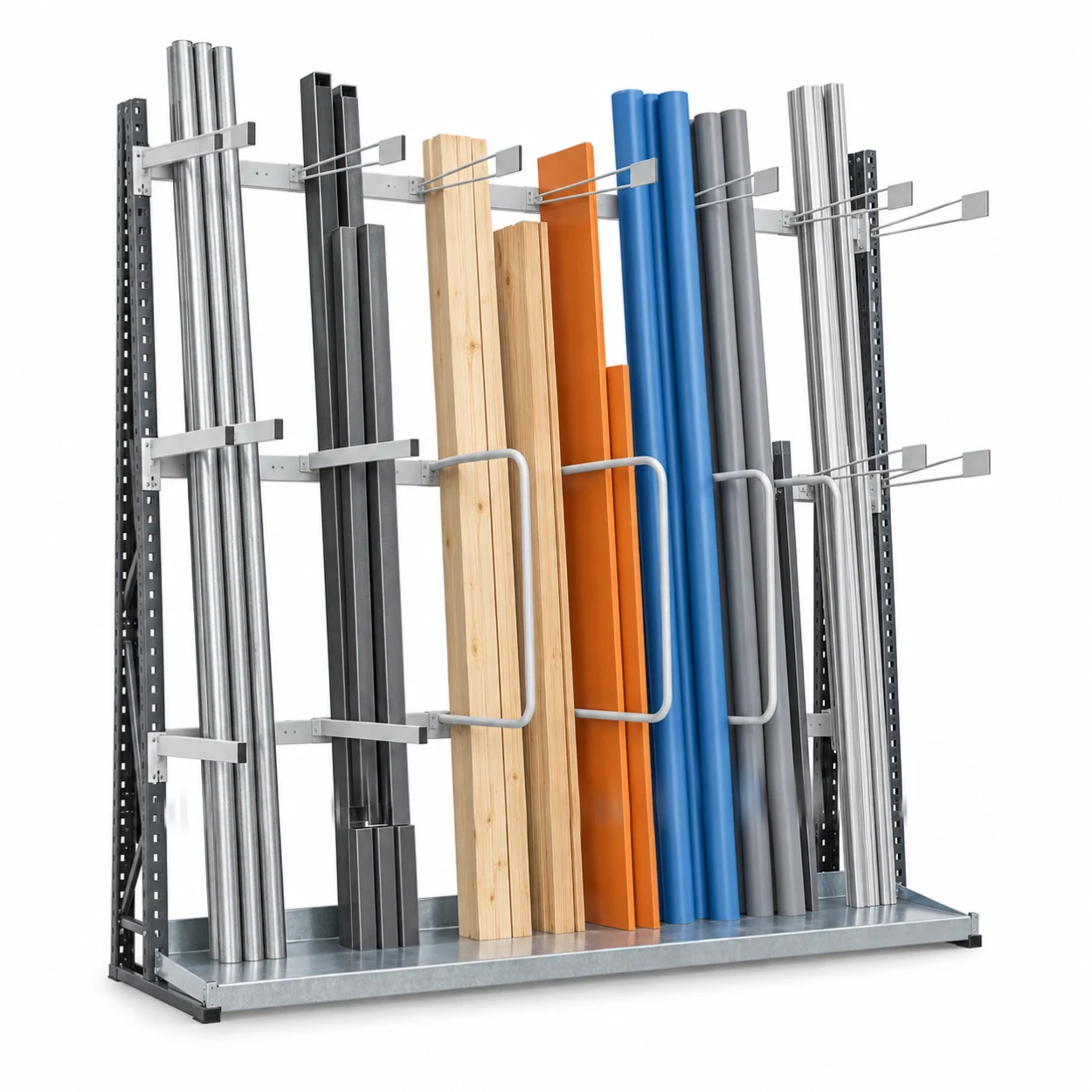 Rayonnage vertical avec séparateurs pour tubes, profilés, bois et panneaux.